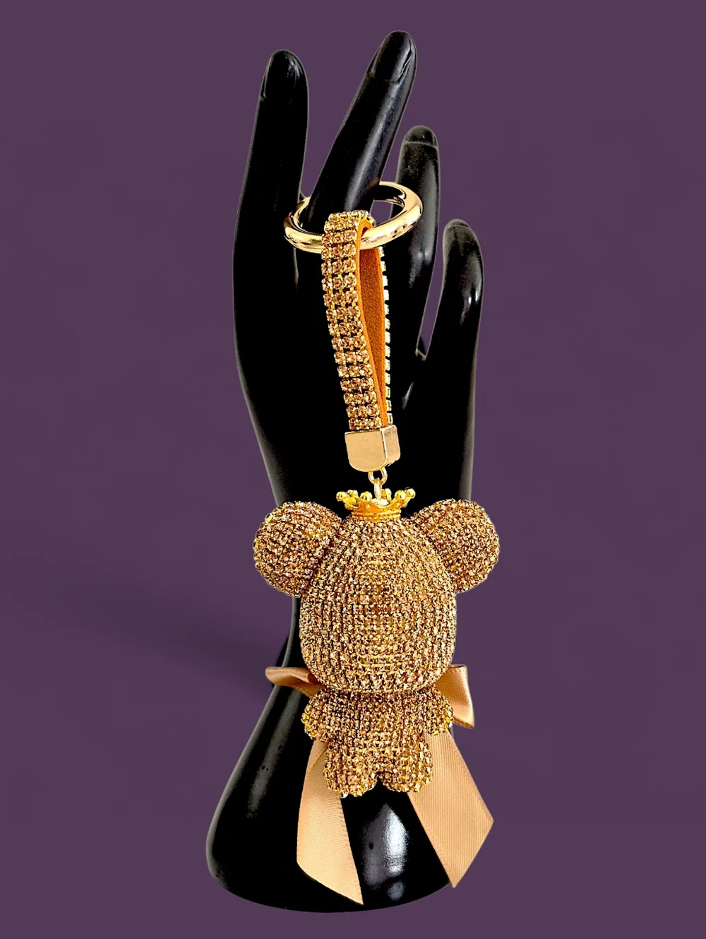 Gold Crystal Teddy Bear Bag Charm / Keychain with Crown & Bow